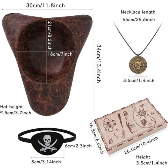 Pirate Hat Costume Tricorn Hat With Eye Patch & Necklaces - Picture 4 of 5